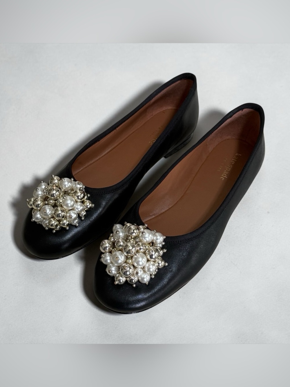 Kate Spade Black Leather Pearl-Embellished Ballet Flats! 7B! EUC!!